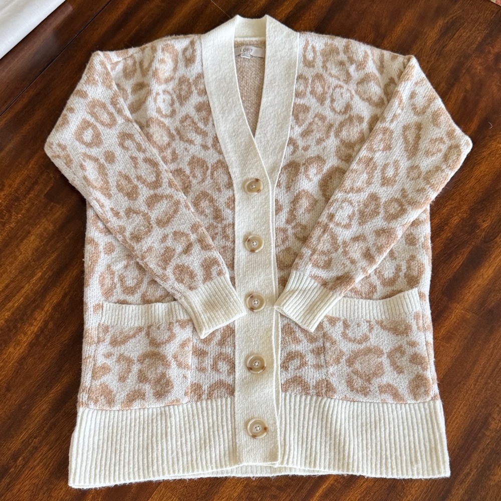 LOFT Cream and Tan Animal Print Cardigan